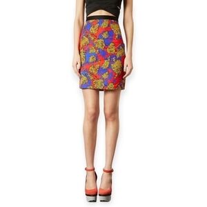 TOPSHOP Abstract Leopard Monstera Leaf Print Skirt Red Blue SZ 6